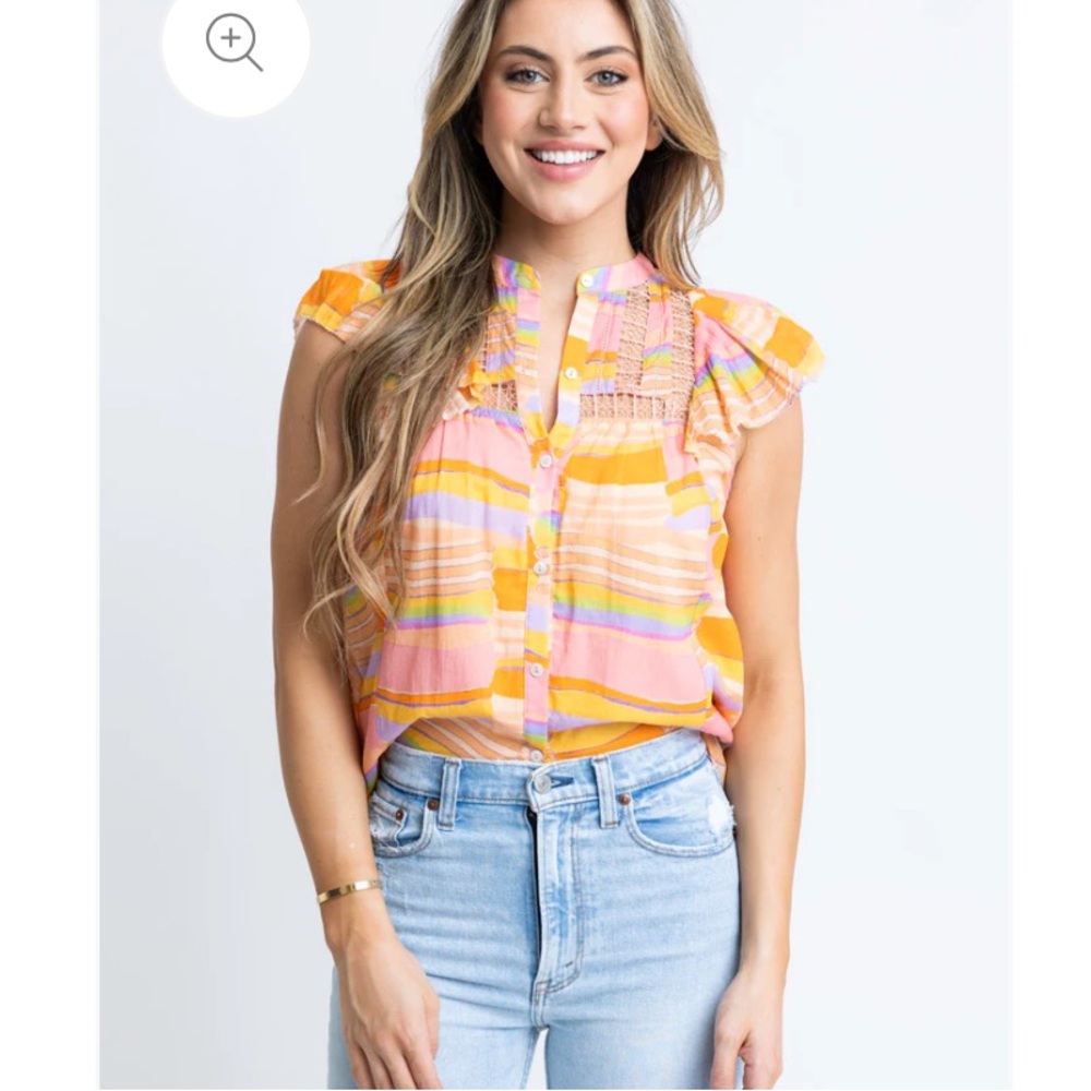 Karlie boho watercolor blouse with ruffle and lace details, NWT